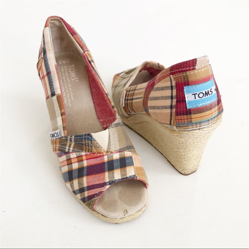 Toms Canvas Plaid Peep Toe Espadrille Wedge - Picture 1 of 8